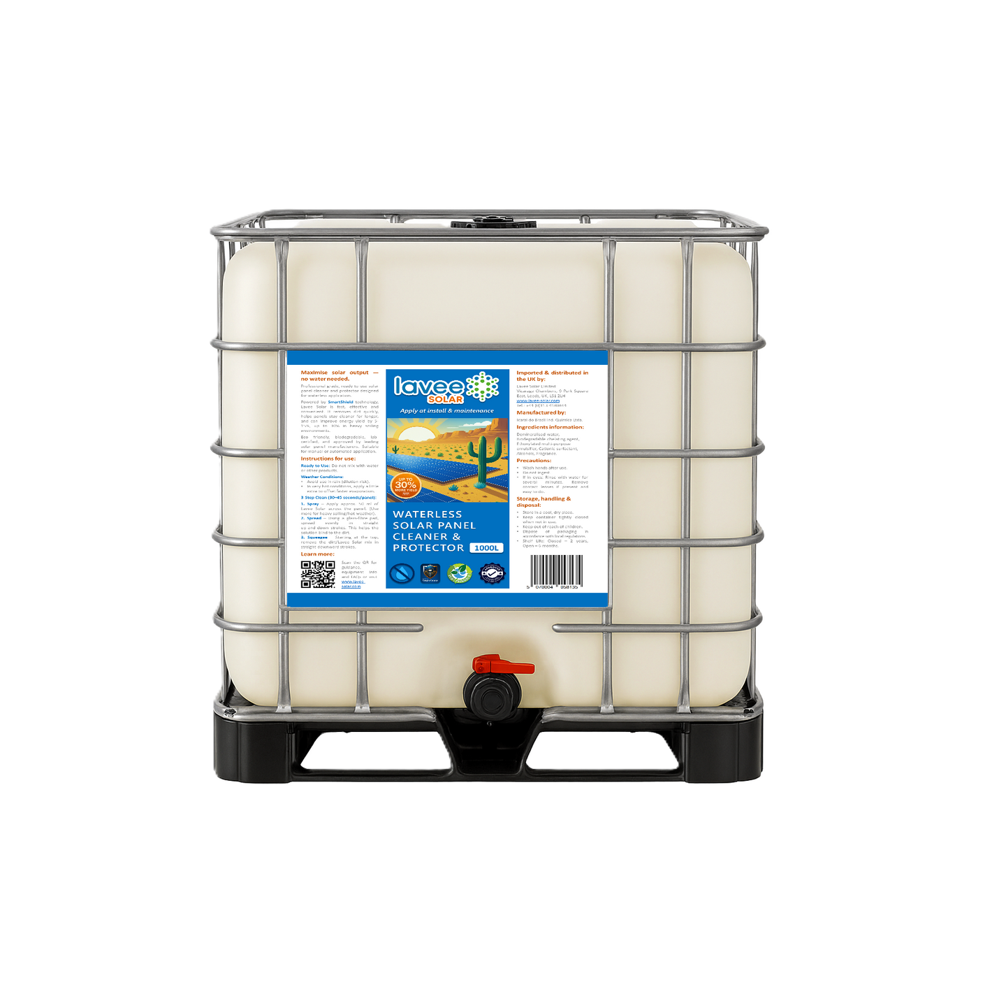 Lavee Solar waterless solar panel cleaner & protector – 1000L container front view.