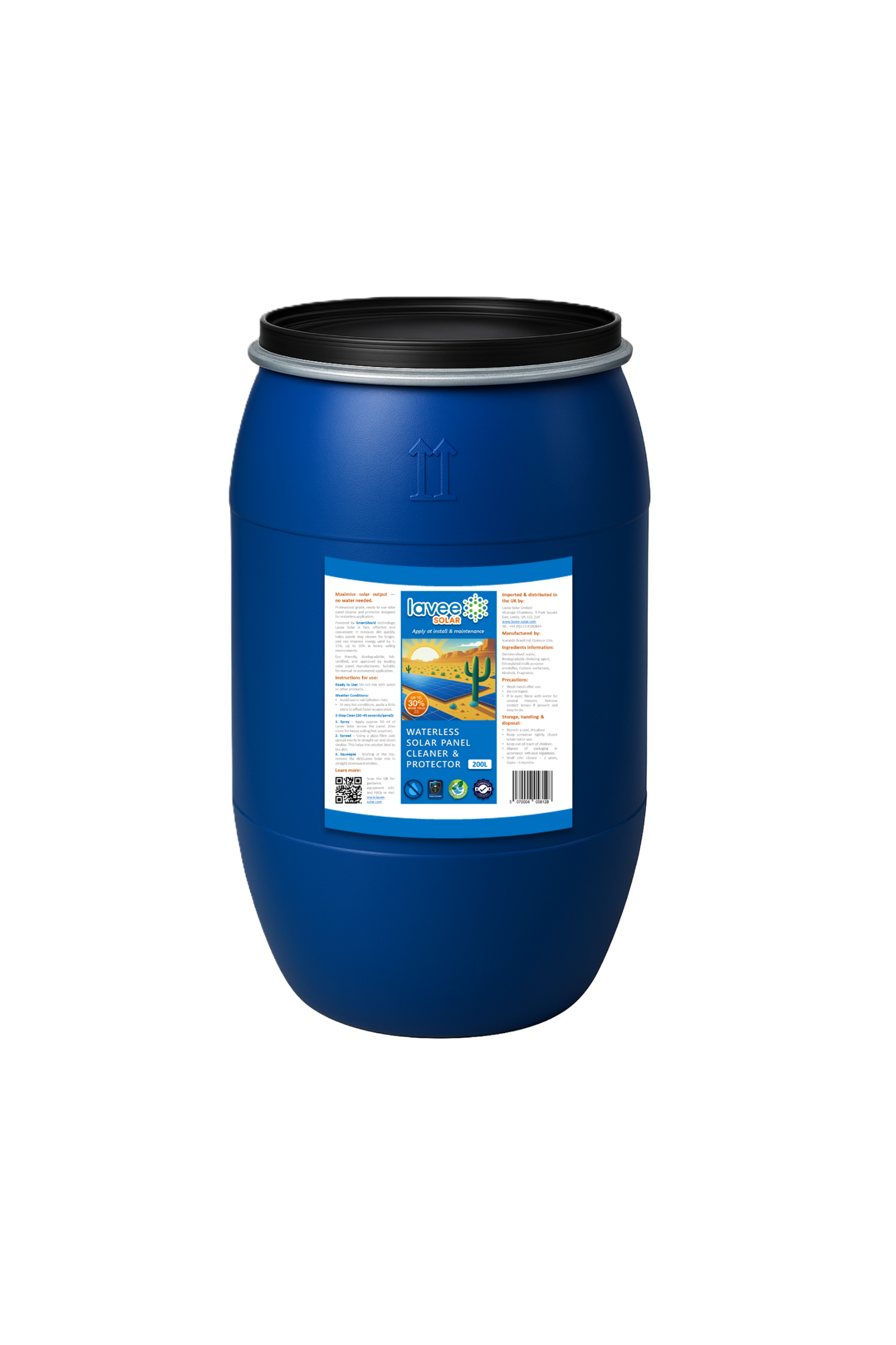 Lavee Solar waterless solar panel cleaner & protector – 200L container front view.