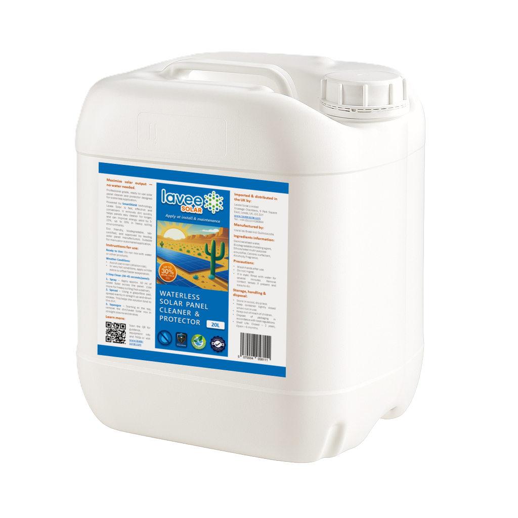 Lavee Solar waterless solar panel cleaner & protector – 20L container front view.
