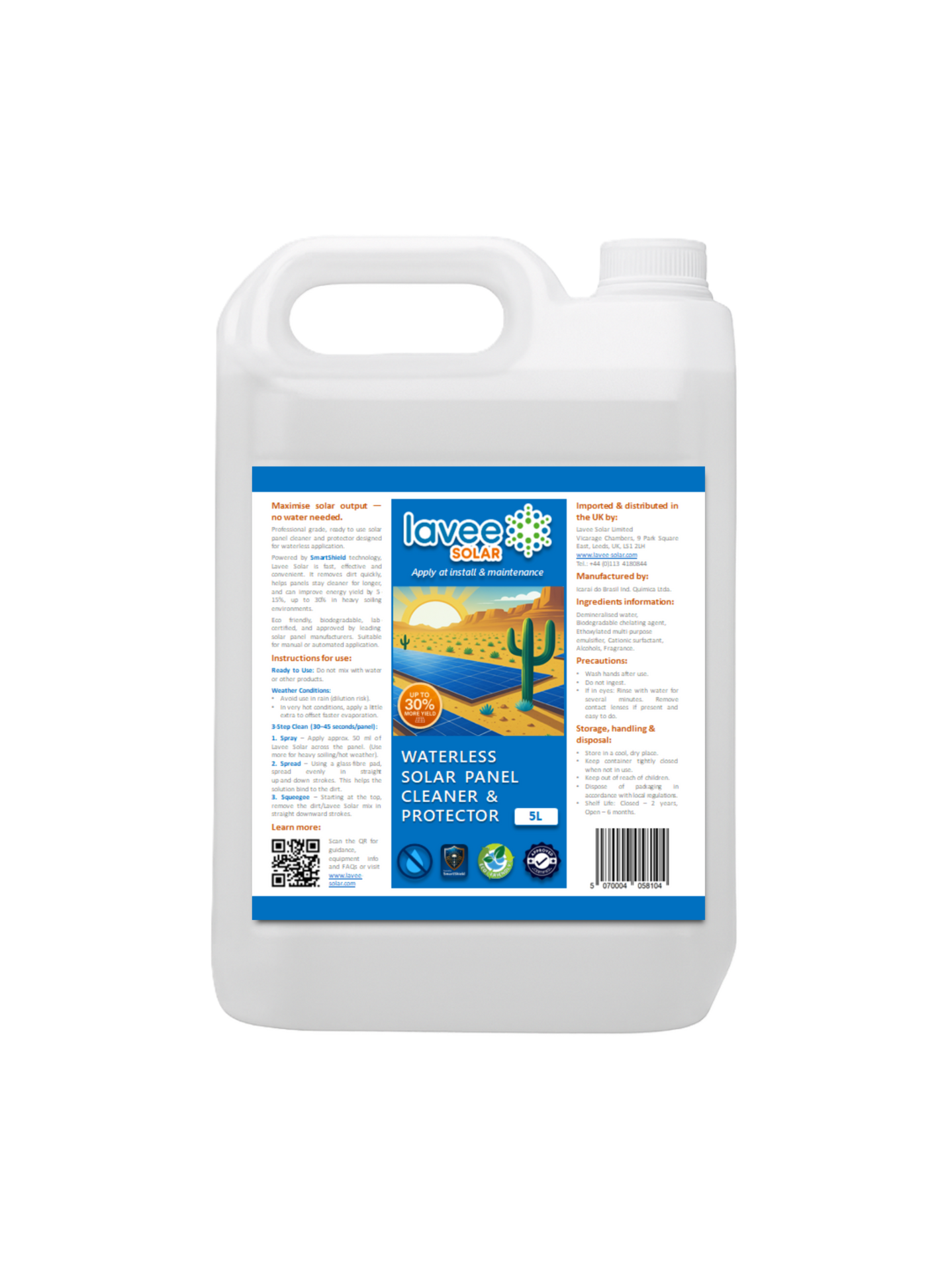 Lavee Solar waterless solar panel cleaner & protector – 5L container front view.